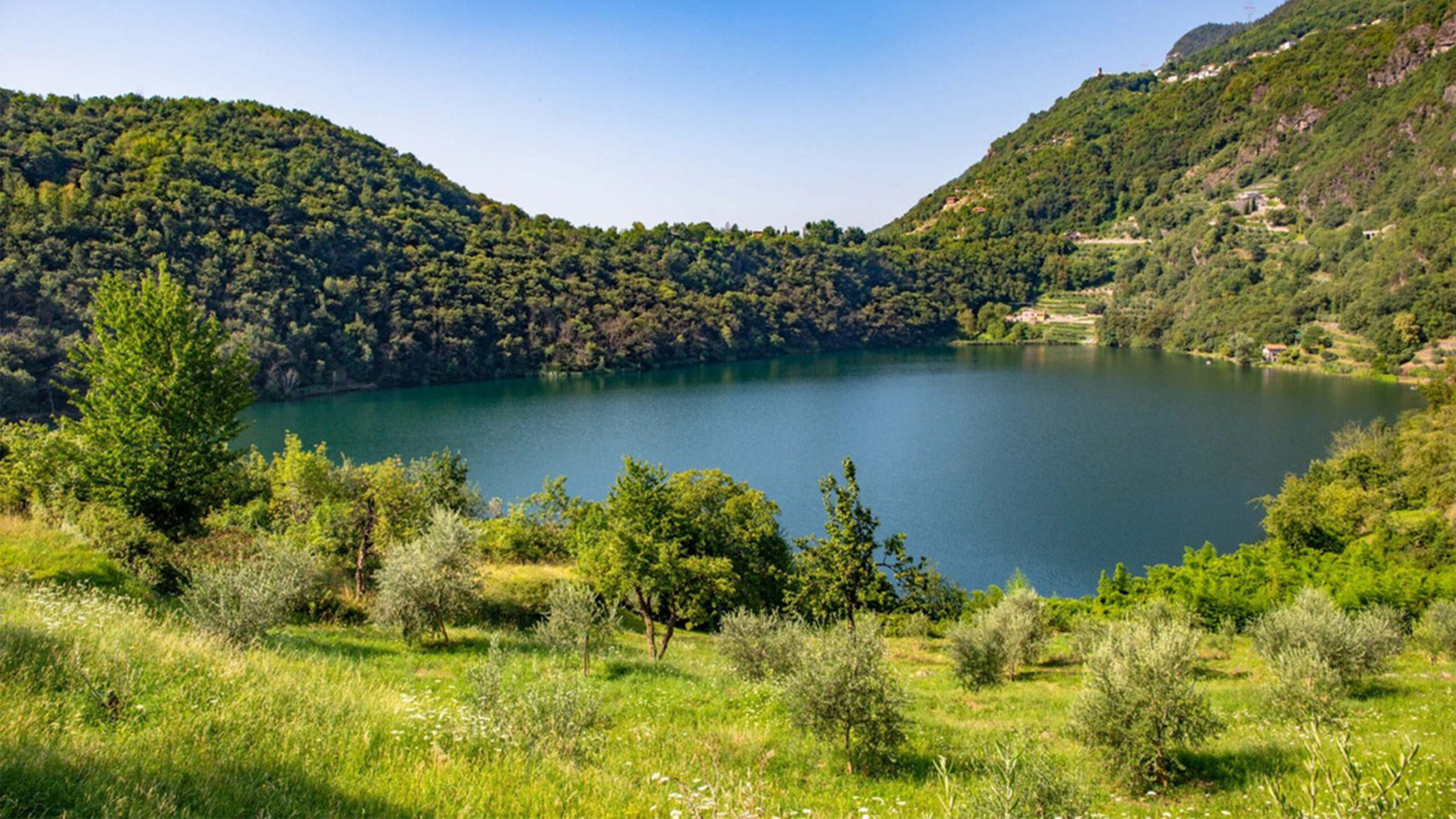 A serene lake surrounded by lush green hills and trees.
