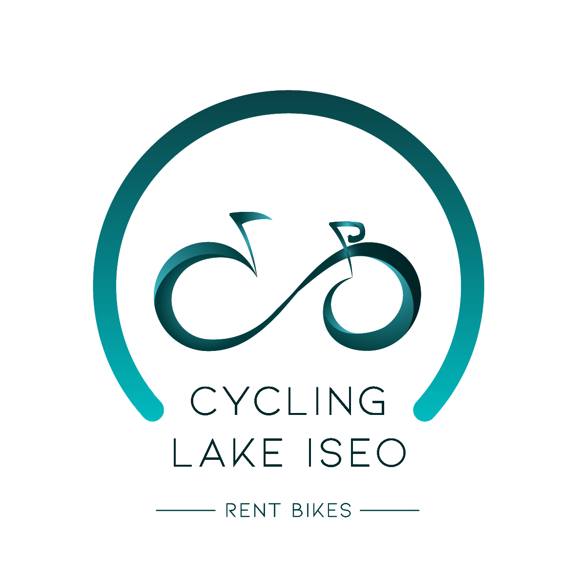 Logo di noleggio biciclette con un'icona stilizzata a forma di bici e testo "Cycling Lake SEO Rent Bikes".